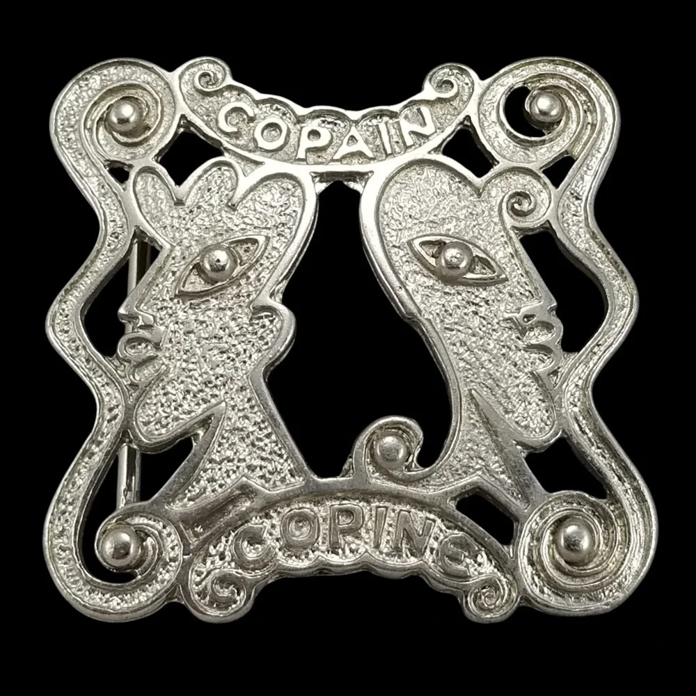 Vintage Copain Copine Two Faces Silver Tone Belt Buckle French Art Nouveau Style